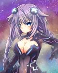  blue_eyes bodysuit braid breasts cleavage cleavage_cutout expressionless hair_ornament highres large_breasts long_hair nabenofutahiwa navel neptune_(series) purple_hair purple_heart see-through solo symbol-shaped_pupils twin_braids very_long_hair 