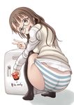  ass black_legwear brown_eyes brown_hair character_request copyright_request food glasses hair_ornament hairclip long_hair neyuki_rei open_mouth panties pudding refrigerator simple_background smile solo squatting striped striped_panties sweater_vest thighhighs underwear v 