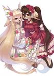  blonde_hair bow brown_eyes cervine cute deer dress female flower hair jewelry kiirei_(character) long_hair looking_at_viewer mammal pink_eyes plain_background red red_eyes ribbons simple_background sitting suan-cat unknown_species white white_background young 