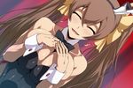 animal_ears blush breast_hold breast_squeeze breasts brown_hair bunny_ears bunny_girl cleavage earrings eyes_closed huang_lingyin infinite_stratos jaga_note jewelry large_breasts long_hair open_mouth smile solo twintails 