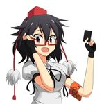  :d armband bad_anatomy bad_proportions bespectacled black_hair cato_(monocatienus) fingerless_gloves glasses gloves hat looking_at_viewer open_mouth red_eyes shameimaru_aya short_hair smile solo tokin_hat touhou 