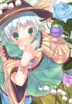  absurdres bad_id bad_pixiv_id blue_flower blue_rose blush eyeball flower green_eyes ha_ru hat highres komeiji_koishi looking_at_viewer open_mouth ribbon rose short_hair silver_hair skirt solo third_eye touhou wide_sleeves wrist_ribbon 