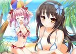  arms_up ball beach beachball bikini black_hair blue_eyes blush bow breasts brown_eyes cleavage closed_eyes crossed_arms flower hair_bow hair_flower hair_ornament hair_up hairband kurot large_breasts long_hair looking_at_viewer multiple_girls open_mouth original pink_hair sand smile swimsuit 