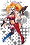  bad_id bad_pixiv_id bare_shoulders batman_(series) blonde_hair blue_eyes boots breasts cleavage domino_mask facepaint gun hammer harley_quinn high_heels machine_gun makeup mask miniskirt mismatched_legwear navel okada_(hoooojicha) shoes skirt solo thigh_boots thighhighs twintails weapon 