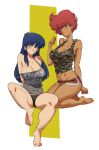  2girls bangs barefoot black_eyes black_panties blue_hair blush breasts camisole camouflage_tank_top cartoonized collarbone commentary dark-skinned_female dark_skin dirty_pair grey_camisole gutalalaman gym_shorts hair_behind_ear highres invisible_chair kei_(dirty_pair) large_breasts long_hair medium_breasts multiple_girls navel panties parted_lips red_hair red_shorts seiza shorts sitting smile strap_slip symbol-only_commentary toon_(style) underwear yuri_(dirty_pair) 
