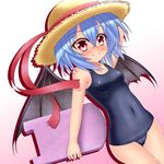  bat_wings blue_hair bluemoonex blush covered_navel fang hat highres kickboard one-piece_swimsuit red_eyes remilia_scarlet school_swimsuit short_hair smile solo swimsuit touhou wings 
