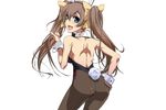  animal_ears ass back blue_eyes bow bowtie brown_hair bunny_ears bunny_girl bunnysuit earrings huang_lingyin infinite_stratos jaga_note jewelry long_hair looking_back open_mouth pantyhose smile solo standing tail twintails wrist_cuffs 