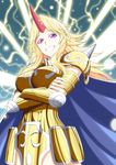  armor blonde_hair cape cosplay crossed_arms electricity gold_armor gold_saint grin h-new highres hire horn hoshiguma_yuugi long_hair looking_at_viewer parody pauldrons purple_eyes saint_seiya smile solo taurus_aldebaran taurus_aldebaran_(cosplay) touhou 