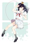  arm_up bad_id bad_pixiv_id black_hair blue_eyes candy crown food heart holding lollipop long_hair original red_string school_uniform serafuku shaped_lollipop shiina_aya skirt socks solo string swirl_lollipop 