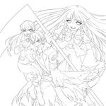  2boys frederica_bernkastel greyscale highres holding holding_scythe lineart long_hair monochrome multiple_boys niso open_mouth scythe simple_background smile umineko_no_naku_koro_ni ushiromiya_lion very_long_hair white_background willard_h_wright 