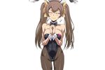  animal_ears blush bow bowtie breasts brown_hair bunny_ears bunny_girl bunnysuit earrings eyes_closed huang_lingyin infinite_stratos jaga_note jewelry large_breasts long_hair pantyhose smile solo standing twintails wrist_cuffs 