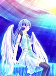  angel_wings aqua_hair armlet black_legwear crystal highres jewelry light_rays necklace original pointy_ears profile purple_eyes sitting sky solo star_(sky) starry_sky sunbeam sunlight tenmaso thighhighs wings 