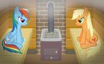  blonde_hair blue_fur cutie_mark duo equine female feral friendship_is_magic fur green_eyes hair heat horse inside jepso mammal multi-colored_hair my_little_pony orange_fur pegasus pony purple_eyes rainbow_dash_(mlp) rainbow_hair sauna sweat towel wings wood 