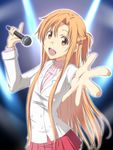  :d alternate_costume asuna_(sao) braid brown_eyes brown_hair holding long_hair microphone music nori_tamago open_mouth outstretched_hand pleated_skirt ribbed_sweater singing skirt smile solo sweater sword_art_online 