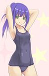  :q armpits arms_up bare_shoulders blue_hair fire_emblem fire_emblem:_akatsuki_no_megami fire_emblem:_souen_no_kiseki green_eyes highres konimaru long_hair looking_at_viewer one-piece_swimsuit pink_background ponytail school_swimsuit simple_background solo swimsuit tongue tongue_out wayu_(fire_emblem) 