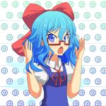  1girl angry bespectacled blue_eyes blue_hair bow cato_(monocatienus) cirno glasses hair_bow ice ice_wings looking_at_viewer open_mouth solo touhou wings 