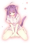  ahoge animal_ears bad_id bad_pixiv_id barefoot blush cat_ears long_hair matsusaka_gyuu naked_shirt original purple_eyes purple_hair shirt short_sleeves sitting solo tail thighs v_arms wariza 