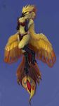  beak bird bra breasts chest_tuft claws clothed clothing female firefeathers flying fur loincloth plain_background pointy_ears skimpy solo tuft underwear winged_arms wings yellow_eyes 