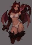  1girl absurdres animal_ears bare_arms bare_legs bare_shoulders bikini breasts breasts_apart claws eyebrows_visible_through_hair fur grin highres holding holding_own_tail long_hair looking_at_viewer manticore_(monster_girl_encyclopedia) matilda_fiship medium_breasts midriff monster_girl monster_girl_encyclopedia navel paws prehensile_tail red_eyes red_hair signature simple_background smile solo stomach swimsuit tail tattoo white_bikini wings 