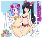  bangle bikini black_hair bow bracelet breasts character_name dogoo hair_bow hair_ornament highres jewelry kami_jigen_game_neptune_v leonard_liew long_hair multiple_girls navel neptune_(choujigen_game_neptune) neptune_(series) noire purple_eyes purple_hair red_eyes romaji short_hair swimsuit twintails very_long_hair 