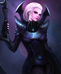  armor bad_id bad_pixiv_id diana_(league_of_legends) facial_mark fingerless_gloves forehead_mark gloves jang_ju_hyeon khopesh league_of_legends long_hair purple_eyes scar solo weapon white_hair 