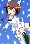  animal_ears brown_hair dog_ears dog_tail eyebrows military military_uniform no_pants solo strike_witches striker_unit swimsuit swimsuit_under_clothes tail takei_junko tokiani uniform world_witches_series yellow_eyes 