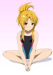  blonde_hair brown_eyes butterfly_sitting competition_swimsuit contemporary highres hoshino_sora oda_nobuna oda_nobuna_no_yabou one-piece_swimsuit sitting swimsuit 
