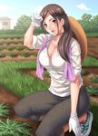  breasts brown_eyes brown_hair cleavage denim dirt farm field gloves grass hat highres jeans kill_time_communication kneeling large_breasts long_hair mature original pants ponytail rokko sleeves_rolled_up solo sweat 