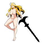  ;p blonde_hair blue_eyes blush breasts code_of_princess crown flower hair_flower hair_ornament highres large_breasts long_hair maebari navel nude one_eye_closed pasties plump shoji-ikari solange_blanchefleur_de_luxe solo sword tongue tongue_out weapon 