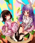  :3 animal_ears barefoot blush bowl brown_hair bunny_ears carrot dress dress_shirt gobou_(gbu) inaba_tewi jewelry lavender_hair long_hair multiple_girls open_mouth panties panty_pull pendant pleated_skirt red_eyes red_panties reisen_udongein_inaba shirt short_hair sitting skirt skirt_set smile tentacles touhou underwear very_long_hair 