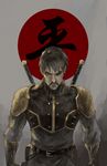  absurdres armor avatar_(series) belt black_eyes black_hair facial_hair gloves highres jpeg_artifacts lakey lieutenant_(avatar) male_focus mustache one_eye_covered over_shoulder pauldrons pouch serious shoulder_pads solo the_legend_of_korra uniform weapon weapon_over_shoulder 