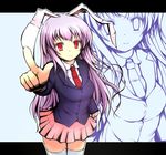  animal_ears blazer blush bunny_ears jacket long_hair long_sleeves looking_at_viewer milfy_oira necktie pointing purple_hair red_eyes red_neckwear reisen_udongein_inaba skirt solo standing thighhighs touhou white_legwear zoom_layer 