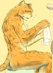  anthro biceps blush butt feline fur inukai_taina invalid_tag male mammal muscles nude pecs pose sitting solo tiger towel towerl unknown_artist 