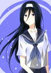  bad_id bad_pixiv_id black_hair blue_background blue_eyes hair_between_eyes hairband hyouka irisu_fuyumi long_hair riko_(maki-y318) school_uniform serafuku solo 