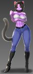  2019 anthro belt big_breasts black_nose boots breasts cat cleavage clothed clothing collar digital_media_(artwork) eyebrows feline female footwear fur green_eyes hair hi_res lanie_bannister_(lildredre) looking_at_viewer mammal navel navel_piercing nipple_piercing nipples pakwan008 piercing purple_fur simple_background smile solo spiked_collar spikes tube_top voluptuous 