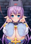  animal_hat archbishop areolae blue_eyes blush breasts brick_wall cat_hat covering covering_breasts cross hat highres kawase_seiki large_breasts long_hair open_mouth parted_lips pointy_ears purple_hair ragnarok_online solo 