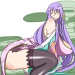  1girl areola_slip areolae bare_shoulders bent_over black_legwear black_thighhighs breasts doro_(pixiv1599005) erect_nipples female hair_ornament huge_breasts koihime_musou kouchuu long_hair looking_back milf profile purple_hair sitting smile solo thighhighs thighs wink 