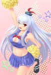  alternate_costume arm_up armpits blue_hair blush breasts bug_(artist) cheerleader cleavage collarbone hand_on_hip hat highres kamishirasawa_keine large_breasts legs_folded long_hair midriff navel one_eye_closed open_mouth polka_dot pom_poms red_eyes shoes silhouette skirt smile solo touhou 