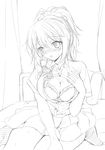  bed bra breasts cheria_barnes cleavage greyscale kneeling kurimomo large_breasts monochrome open_clothes open_shirt ponytail shirt sketch skirt socks solo tales_of_(series) tales_of_graces underwear 