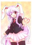  ;d animal_ears black_legwear blazer blush bunny_ears jacket long_hair long_sleeves looking_at_viewer milfy_oira necktie one_eye_closed open_mouth outstretched_arm purple_hair red_eyes red_neckwear reisen_udongein_inaba skirt smile solo standing thighhighs touhou zettai_ryouiki 