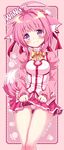  ahoge animal_ears bad_id bad_pixiv_id blush bow dog_days dog_ears dog_girl dog_tail hair_ribbon long_sleeves millhiore_f_biscotti nean panties paw_print pink_hair puffy_sleeves purple_eyes ribbon romaji skirt skirt_lift solo tail typo underwear 