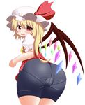  ass asupina bike_shorts blonde_hair cameltoe fang flandre_scarlet from_behind hat highres looking_back open_mouth pantylines red_eyes side_ponytail simple_background solo touhou white_background wings 