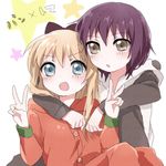  :d animal_costume blonde_hair blue_eyes bow brown_eyes double_v funami_yui hair_bow long_hair multiple_girls open_mouth pajamas panda_costume prussian_blue short_hair smile tomato_costume toshinou_kyouko v yuru_yuri 