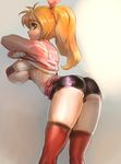  arched_back ass bent_over blonde_hair bow bow_(bhp) breasts hair_bow huge_breasts long_hair looking_to_the_side original shirt_lift short_shorts shorts sideboob solo thighhighs undressing 
