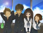  2girls anko_(teadial) brown_hair chitanda_eru everyone fukube_satoshi gakuran highres hyouka ibara_mayaka multiple_boys multiple_girls oreki_houtarou school_uniform serafuku 