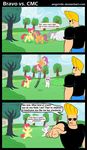  angerelic apple_bloom_(mlp) blonde_hair clothing comic cub cutie_mark_crusaders_(mlp) dialog dialogue english_text equine eyewear female feral friendship_is_magic group hair horn horse human jeans johnny_bravo johnny_bravo_(series) male mammal my_little_pony pegasus pony scootaloo_(mlp) shirt sunglasses sweetie_belle_(mlp) text unicorn wings young 