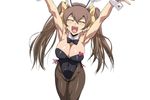  animal_ears armpits blush bow bowtie breasts brown_hair bunny_ears bunny_girl bunnysuit cleavage earrings eyes_closed happy huang_lingyin infinite_stratos jaga_note jewelry large_breasts long_hair open_mouth pantyhose solo standing twintails wrist_cuffs 
