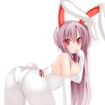  animal_ears areola_slip areolae ass bad_id bad_pixiv_id bare_shoulders bent_over breasts bunny_ears bunny_tail bunnysuit cameltoe chimunge detached_collar elbow_gloves gloves highres large_breasts lavender_hair long_hair pantyhose red_eyes reisen_udongein_inaba simple_background solo tail touhou very_long_hair white_background white_gloves white_legwear 