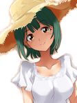  brown_eyes dress green_hair hat head_tilt idolmaster idolmaster_(classic) kurose_kousuke mole mole_under_mouth otonashi_kotori short_hair smile solo sun_hat sundress upper_body 