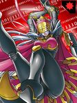 armor ass butt cape digimon digimon_collectors facial_mark female hair hammer helmet long_hair lowres mask monster_girl not_furry open_mouth plain_background pov queenchessmon red_background silver_hair solo unknown_artist upskirt white_hair 